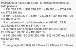 Traceroute from EMF to Google via Mythic Beasts
